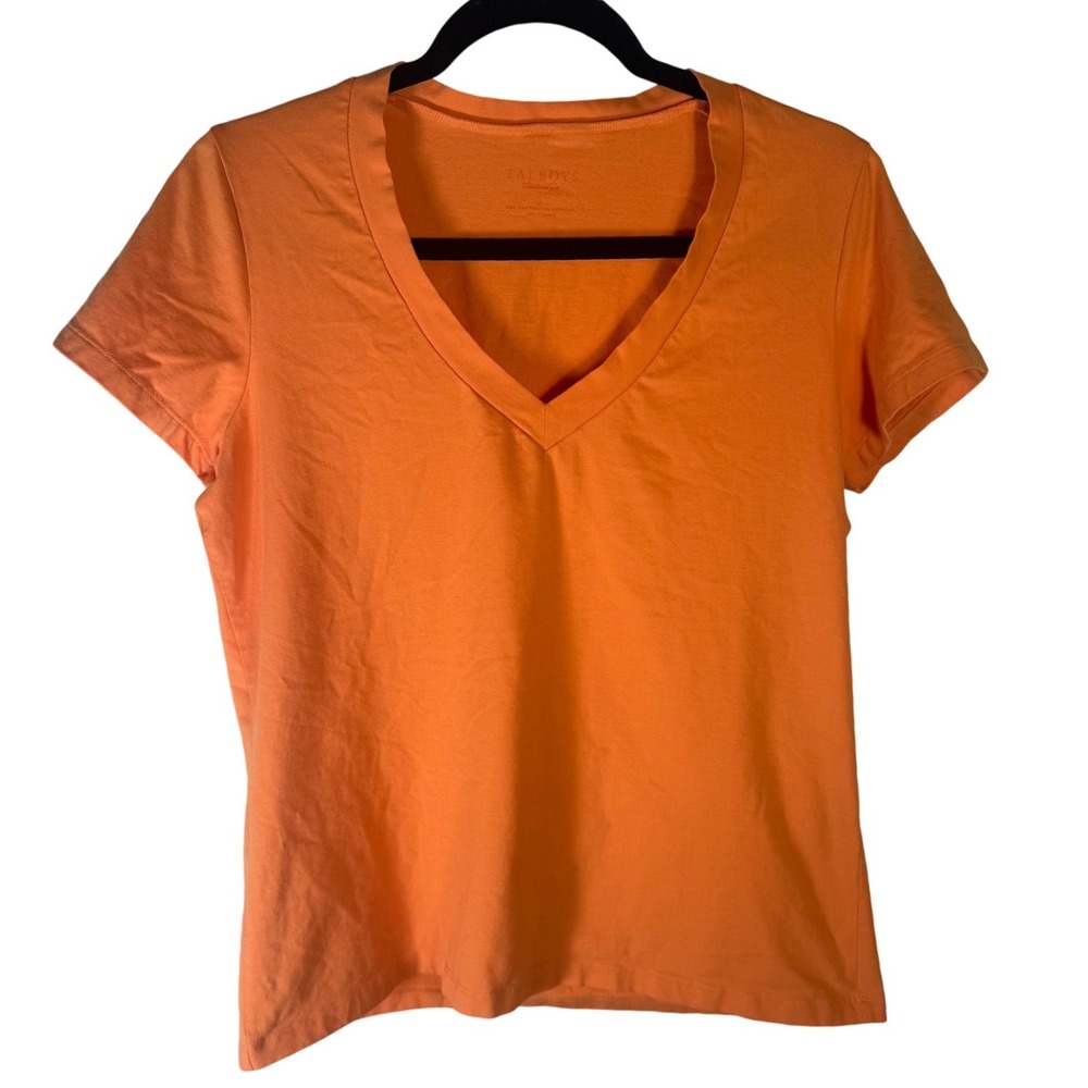 Talbots Womens Orange Cotton Spandex V-Neck Short Sleeve T-Shirt Size L